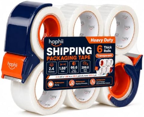 Packing Tape with Dispenser, Heavy-Duty Clear BOPP, Strong Adhesive, 48 mm x 66.6 yd, 6 Rolls + 2 Dispensers
