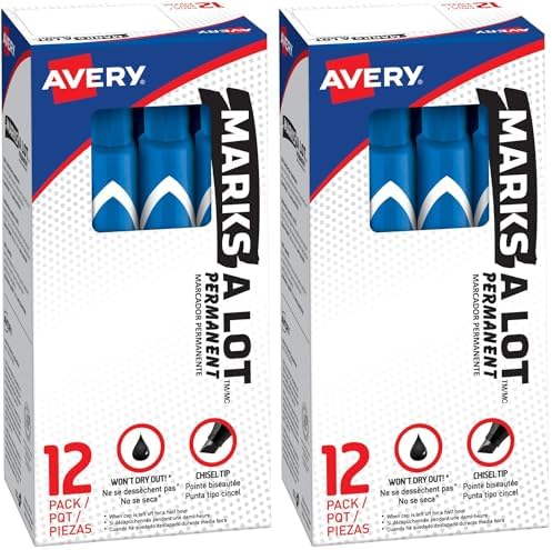 AVERY Marks a Lot Permanent Markers, Large Desk-Style Size, Chisel Tip, Water and Wear Resistant, 12 Blue Markers (08886) (Pack of 2)