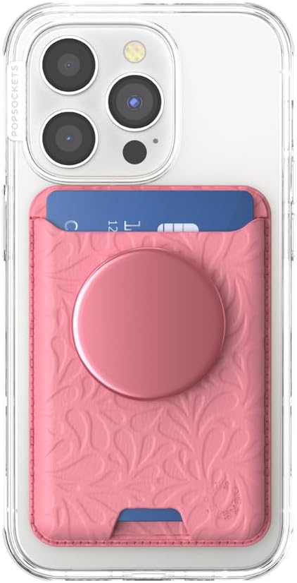 PopSockets Phone Wallet for MagSafe with Grip- Putty Tooled | PopWallet, Holds 3 Cards, Magnetic, Removable, Secure, Pink, Winter, Snowflake