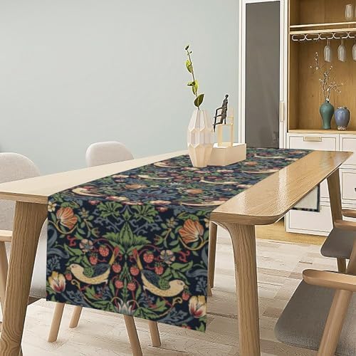 William Morris Blue Strawberry Thief Floral Table Runner Vintage Botanical Flowers Table Runner for Dining Table Decor 13 x 90 Inch