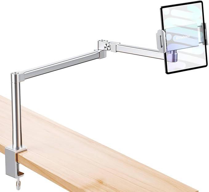 elitehood 28-inch Long Arm iPad Mount for Desk, Adjustable Tablet Desk Mount with Clamp, Sliver Aluminum Tablet Holder Compatible with iPad Pro 13/12.9/11, Air Mini, 4.7-13 inch Tablets & Cell Phones