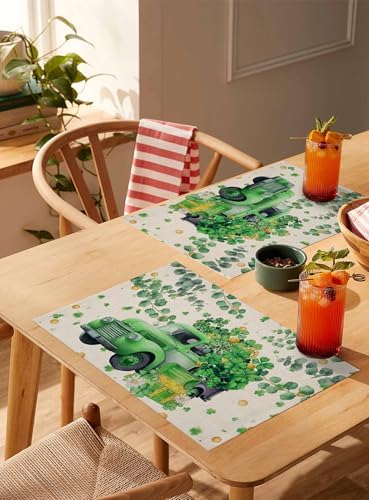 St Patricks Day Placemats Set of 4, Green Shamrock Clover Cotton Linen Table Mats Non-Slip Gold Coins Irish Spring Retro Green Truck Shamrocks Eucalyptus Leaves Placemat for Dining Kitchen Table