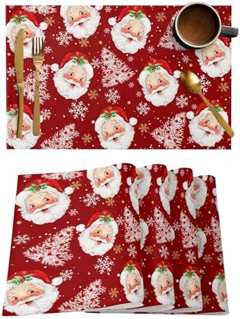 Red Christmas Placemat 1PC, Santa Claus Merry Christmas Tree Heat Resistant Washable Table Place Mats Winter Snowflake Cotton Table Linens Party Holiday Decor for Kitchen Dining Outdoor Indoor