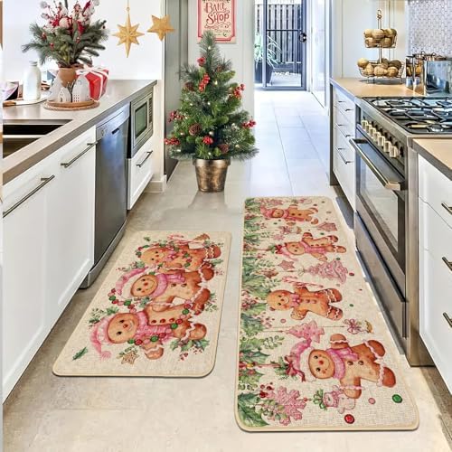 Baccessor Christmas Gingerbread Kitchen Rugs Set of 2, Pink Merry Christmas Xmas Winter Kitchen Mats Washable Non Slip for Floor Hallway Laundry Sink Holiday Home Decor 17x29 and 17x47 Inch