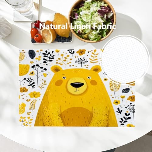 Batmerry Cute The Bear in Mineral Yellow Linen Placemats Set of 4, Floral Background Washable Table Mats for Kitchen Table Thickened Heat Insulation Dining Set Indoor Outdoor 12X18 in