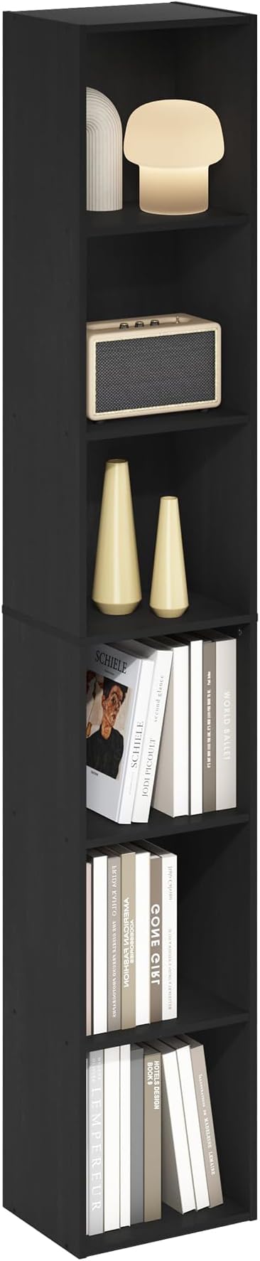 Furinno LUDER Book Shelf, 6-Tier Tall Modern Bookshelf, Bookcase with Open Shelves, 9.3 x 12 x 71, for Living Room, Bedroom, Home Office, Blackwood