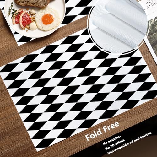 Batmerry Black White Diamond Linen Placemats Set of 6, Art Black and White Harlequin Washable Table Mats for Kitchen Table Thickened Heat Insulation Dining Set Indoor Outdoor 12X18 in