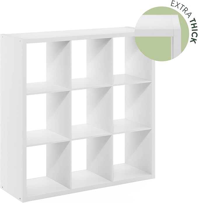 Furinno Cubicle Book Shelf, 9-Cube Bookshelf, Extra Thick Frame Reversible Tall Wide Bookcase with Open Back, 14.6 x 44 x 44, for Living Room, Bedroom, Home Office, Plain White