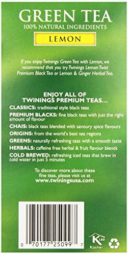 Twinings Green Tea with Lemon - Flavorful Green Tea with Lemon Pieces, Caffeinated Tea Bags Individually Wrapped, 20 Count (Pack of 3)