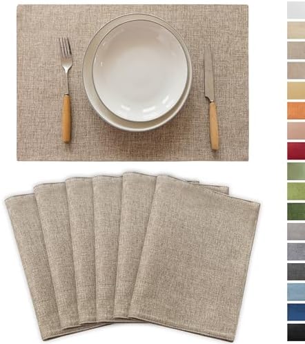 Demetex Linen Placemats Set of 6 Heat Resistant Wipeable Cloth Table Place Mats for Dining Table Indoor Restaurants, 13 x 19 inches, Linen