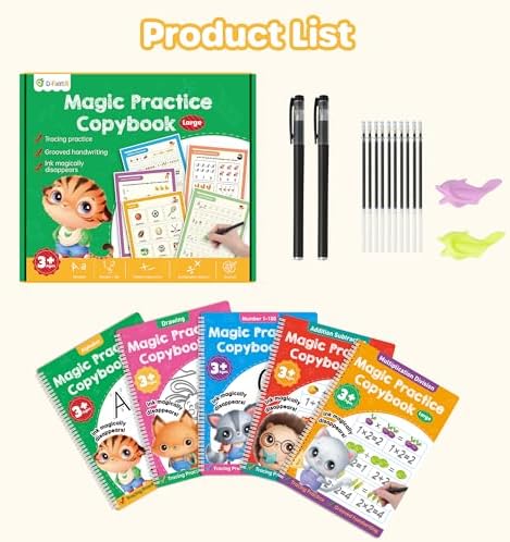 D-FantiX Large Magic Grooved Practice Copybook 5 Pack with Pens & Magic Grooved Writing Practice for Kids Age 3-5