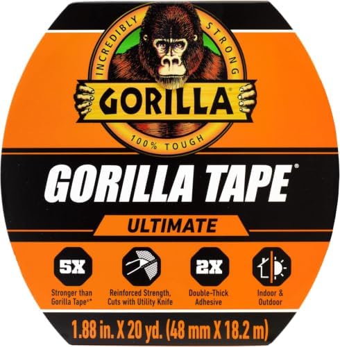 Gorilla Ultimate Tape, High Tensile Cloth with Double-Thick Adhesive for Hauling, Strapping, Patching, Bundling, Lifting, 1.88" x 20yd, Black (Pack of 5)