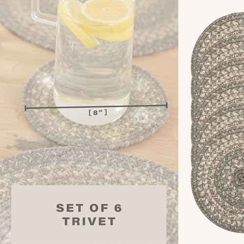 Homespice Grey Cloud Braided Trivets for Farmhouse Decor, Round 8" Set of 6