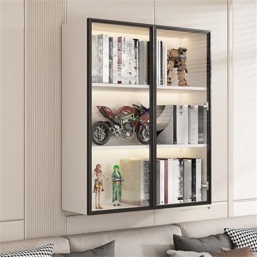 Wall Hanging Lateral Filing/Vertical Timber Wall Unit Transparent Glass Door Shelf Wall-Mounted Wood Bookcase Action Figure Model Storage Cabinet Display Case Warm White 24" L x 10" W x 38" H