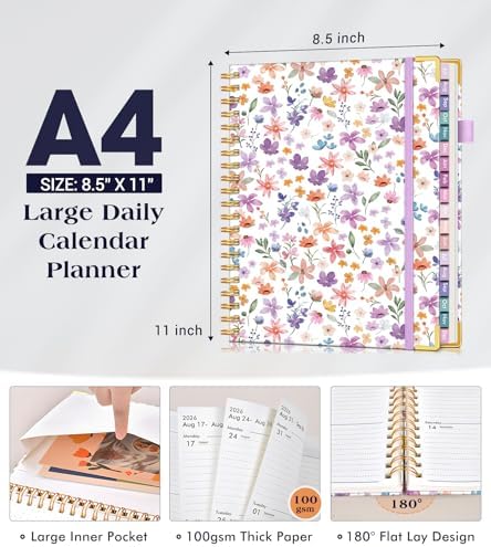 Academic Planner 2026-2027, 18 Months Weekly and Monthly Hardcover Planner, July 2026 - December 2027, 8.5" x 11" A4 Large Daily Calendar Planner Book with Tabs, Spiral College School Agenda Organizer for Student Teacher, Floral Purple