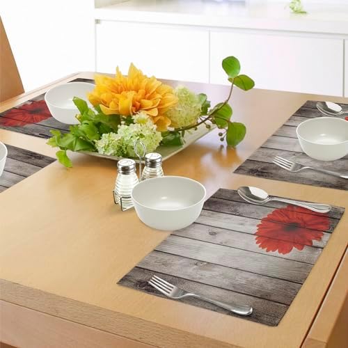 Lunarable Rustic Place Mats Set of 8, Flower Red Dahlia on Foreground of Murky Featured Dated Wooden Board Retro Art Print, Washable Fabric Placemats for Dining Table, Placemat 8 pcs, Brown
