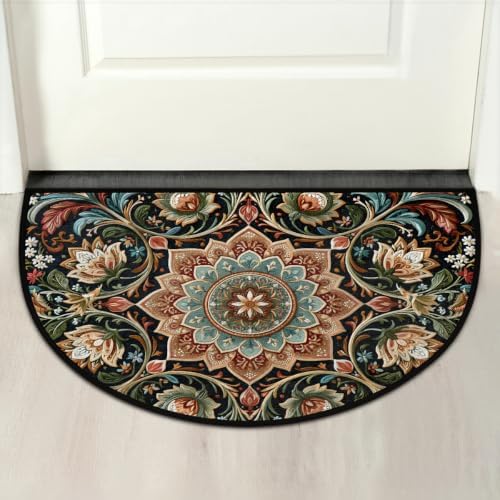 Boho Flower Half Round Door Mat Non Slip Washable Semi Circle Area Rug Absorbent Soft Half Moon Rug Floor Mat for Indoor Outdoor Kitchen Bathroom Patio Front Door Mat Decor