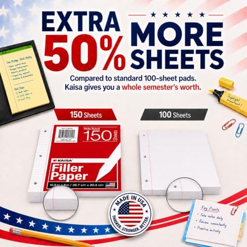 Kaisa loose Leaf Paper Filler Paper 1800 Sheets 8"x10.5",Wide Ruled, 3-Hole Punched for 3-Ring Binders, Carton of 12pack