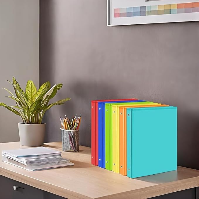 1 Inch Binders 3 Ring with 2 Interior Pockets, Holds 200 Sheets Letter Size Pape, Versatile Binders for Office Home School, Colored, 6 Pack