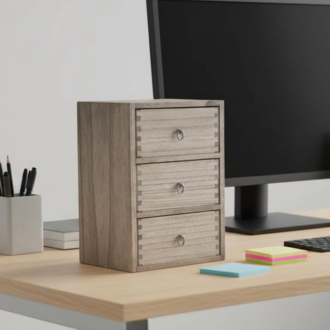 DDYURI Wood Tabletop Storage Cabinet Organization Box Caddy with 3 Drawers for Office Supplies Desktop Dresser Organizer Dark Brown