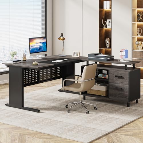 Tribesigns 63 Inch Executive Desk with File Cabinet, L Shaped Office Desk with Drawers and Storage Shelves, Business Furniture Set Workstation for Home Office, Gray and Black