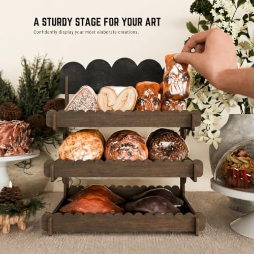 HOTCAN Wooden Cookie Display Stand with Chalkboard Sign for Bakers, Vendors, Craft Fairs | Pastry Display for Market Booths & Events | 3 Tiered Cookie Display for Muffins, Cakes, and Pastries (Brown)