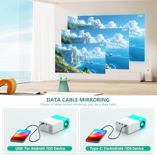 Projector WiFi Portable Movie Projector, Phone or Tablet Can be Mirrored to the Video Projectors Via WiFi or Data Cable, Compatible with Smartphone/ Tablet/ Laptop/TV Stick/ PS/ USB