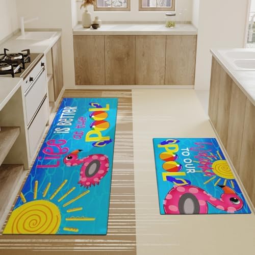 Summer Kitchen Rugs and Mats Set of 2,Welcome to Our Pool Flamingo Farmhouse Summer Non Slip Washable Floor Sink Mats Decorations for Home Kitchen 18"x48"+18"x30"