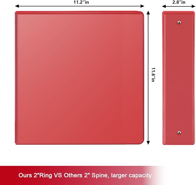 COMIX Sturdy 2 Inch 3 Ring Binder with Clear View Cover | 2"Heavy Duty Round Ring,PVC-Free Board,Holds 450 Letter Sheets,Wholesale for Offices & Classrooms,6 Pack (Red)