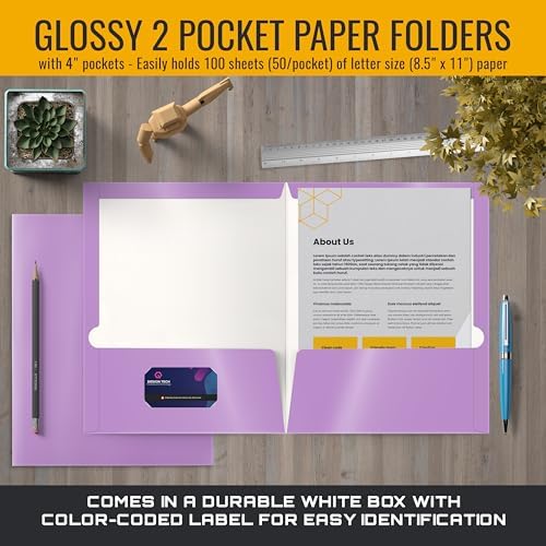 Better Office Products 2 Pocket Glossy Laminated Lavender Paper Folders, Box of 25, Letter Size, Lavender Light Purple Paper Portfolios, 25 Pack