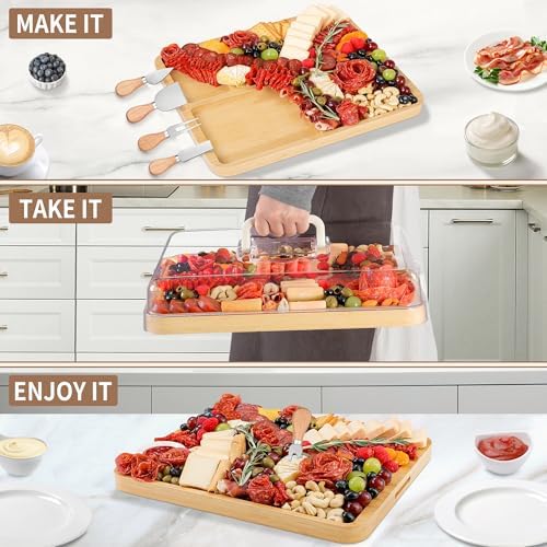 CAWIU Large Charcuterie Board with Lid, Portable Cheese Board & Snack Tray