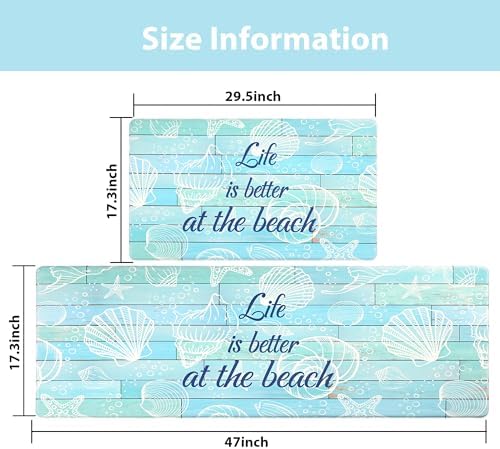 Beach Kitchen Mats for Floor Coastal Kitchen Rugs Cushioned Anti Fatigue Mats for Sink, Stove, Desk, Laundry,17"x30"+17"x47", Blue