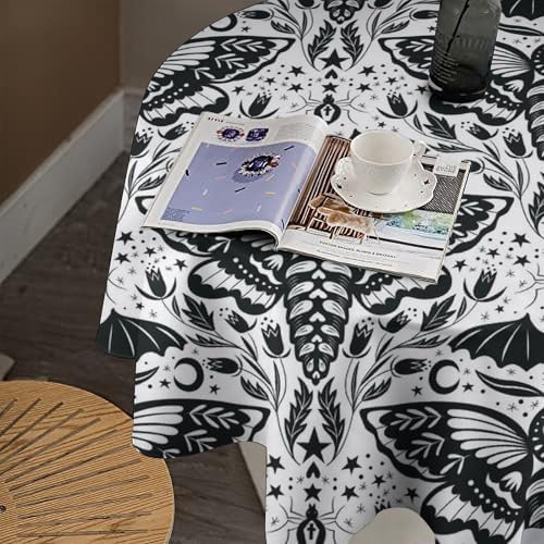 Boho Moth Tablecloth, Gothic Mysterious Halloween Black White Death Butterfly Bat Witch Print Table Cloth for Kitchen Dining Picnic Party Restaurant Decoration, 50x50in