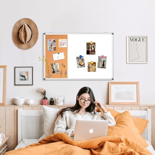 Magnetic Dry Erase White Board Cork Board Combo for Wall with Accessories