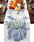 Fall Table Runner White Blue Pumpkin Table Runners Harvest Thanksgiving Blue Eucalyptus Leaves Cotton Linen Dresser Scarf Kitchen Dining Table Decor for Autumn Holiday Party Coffee 13x72 Inch
