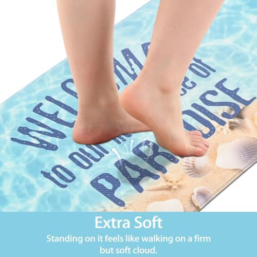 Coatal Beach Theme Kitchen Mats Rugs Set of 2 Anti Fatigue Kitchen Mats for Floor Cushioned Waterproof Non Slip Comfort Standing Mat for Sink Laundry, Ocean Blue