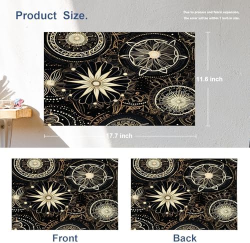 Batmerry Circular Patterns Floral Designs Linen Placemats Set of 4, Black Gold Decorative Patterns Washable Table Mats for Kitchen Table Thickened Heat Insulation Dining Set Indoor Outdoor 12X18 in