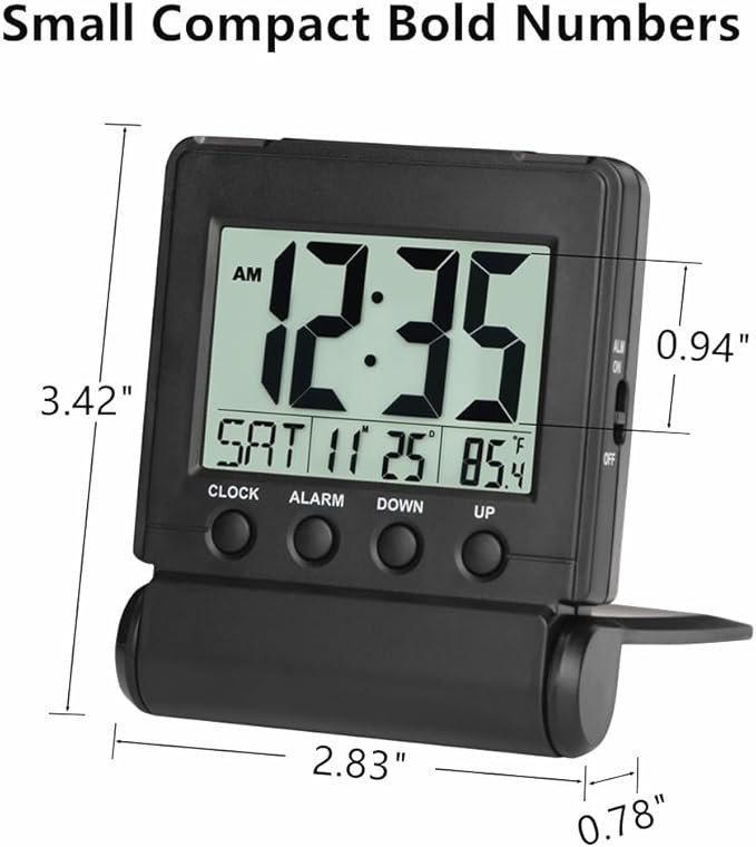 FAMICOZY Small Folding Digital Travel Alarm Clock with Day/Month/Date/Indoor Temperature,Easy to Read and Set,High/Low Alarm Volume,9 Min Snooze,Backlight on Demand,Bedside Calendar Alarm Clock,Black