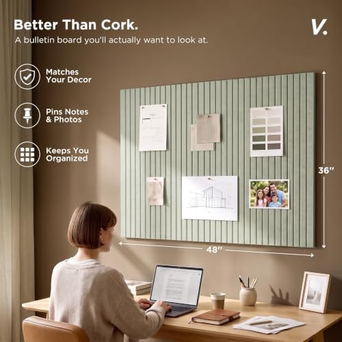 VIVELDA Large Felt Bulletin Board 48 x 36 Inch - 12-Pack Square Acoustic Wall Panels, Cork Board Alternative, NRC 0.95, Damage-Free Adhesive, Slatted Design for Home, Classroom (Sage)