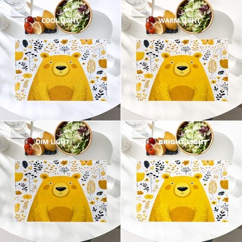 Batmerry Cute The Bear in Mineral Yellow Linen Placemats Set of 4, Floral Background Washable Table Mats for Kitchen Table Thickened Heat Insulation Dining Set Indoor Outdoor 12X18 in