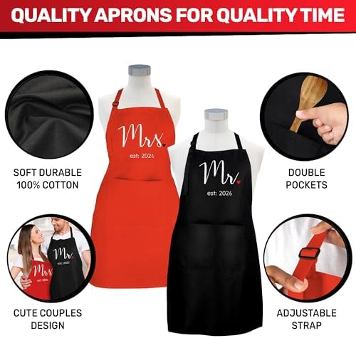 Prazoli Products Mr Mrs Apron Set - Engagement Gifts, Wedding & Bridal Shower Gifts for Couple (Mr. & Mrs. Est: 2026 - Red, Standard)
