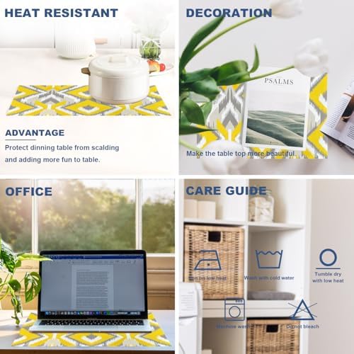 Batmerry Yellow and Gray Retro Ikat Pattern Linen Placemats Set of 8, Geometric Washable Table Mats for Kitchen Table Thickened Heat Insulation Dining Set Indoor Outdoor 12X18 in