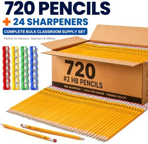 Pre-Sharpened Pencils Bulk Wood-Cased #2 HB Pencils 720 Count 24 Sharpeners