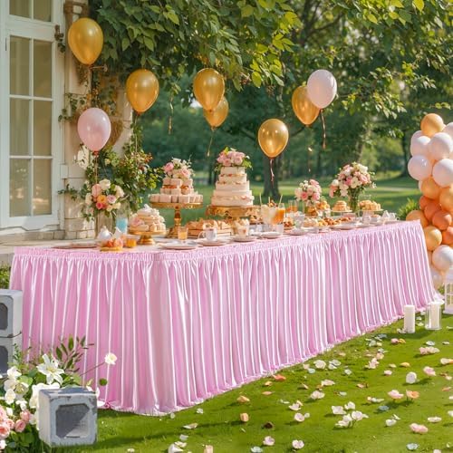 Wish Care 14ft Pink Satin Table Skirt for Rectangle Tables Wrinkle Free Teacher Desk Skirt Glitter Ruffle Table Skirting Cloth for Back to School Classroom Office Dorm Girls Birthday Party Table Decor