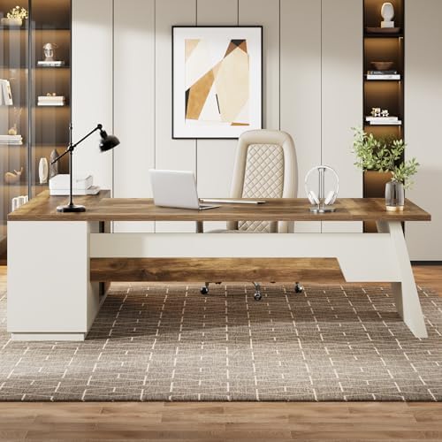 Tribesigns 78" L-Shaped Executive Desk, Large Modern Office Desk with Drawers and Lateral File Cabinet, Business Furniture with Storage Shelves, Big Computer Desk for Home Office (Brown + White)