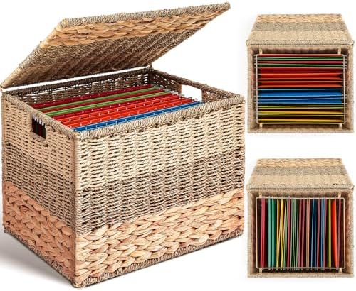 Cinnvoice Extra Large Decorative File Box 18 x 16 x 13 in Wicker Seagrass File Basket Organizer for Letter Legal Size Hand Woven Hanging Filing Cabinet with Lid for Office Water Hyacinth, Tricolor