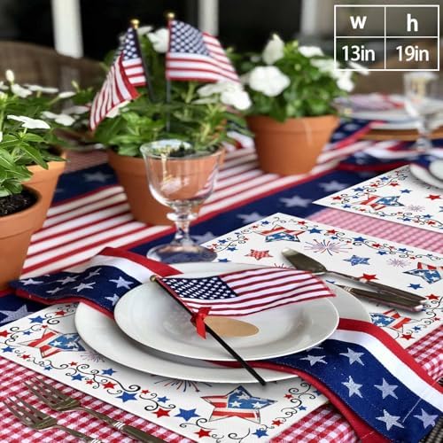 4th of July Placemats Set of 6, Patriotic Stars Fireworks Heat Resistant Washable Dining Table Mats Summer Farmhouse Decor for Kitchen&Table Linens Outdoor Indoor, Red White and Blue American Flag