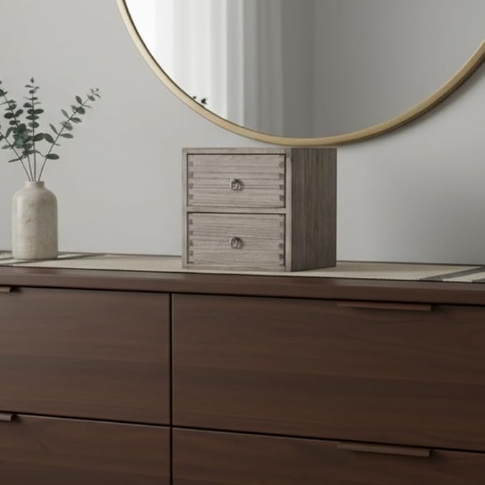 DDYURI Wooden Desktop Drawer Organizer Box 2-Tier Tabletop Storage Cabinet for Office Makeup Dressing Table Dark Brown