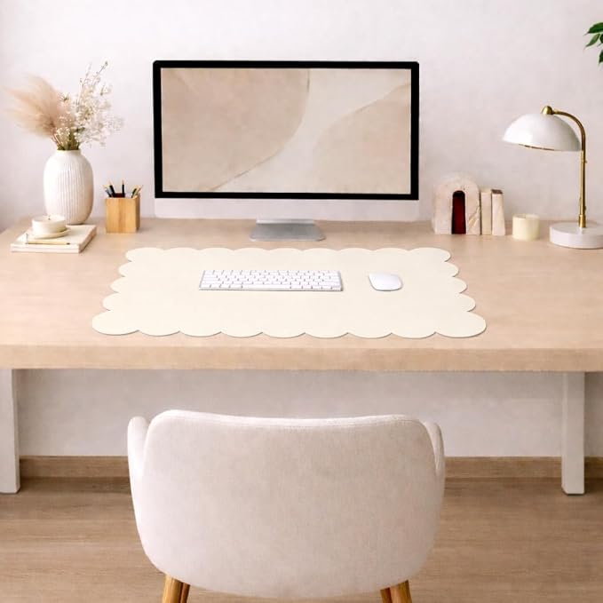 Orelle Scalloped Desk Mat | Vegan Leather Desk Mat for Keyboard and Mouse, Laptop, Makeup Vanity | Computer Desk Pad Mat | Office Desk Cover Mat | Desk Blotter Mat | 30 x 15” | Cream
