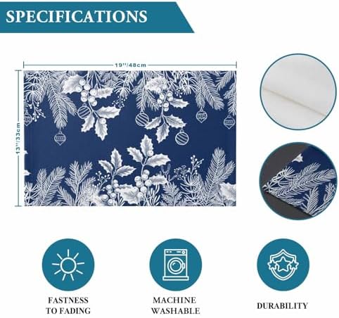 Blue Christmas Placemat 1PC, Floral Pine Leaf Xmas Balls Heat Resistant Washable Table Place Mats White Winter Holidays Cotton Table Linens Party Holiday Decor for Kitchen Dining Outdoor Indoor